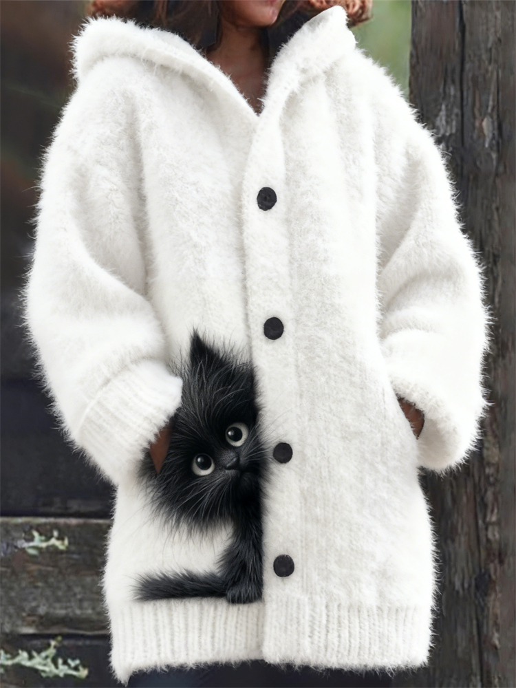 Funny Fuzzy Black Cat Peeking Cozy Knit Hooded Cardigan wearshes