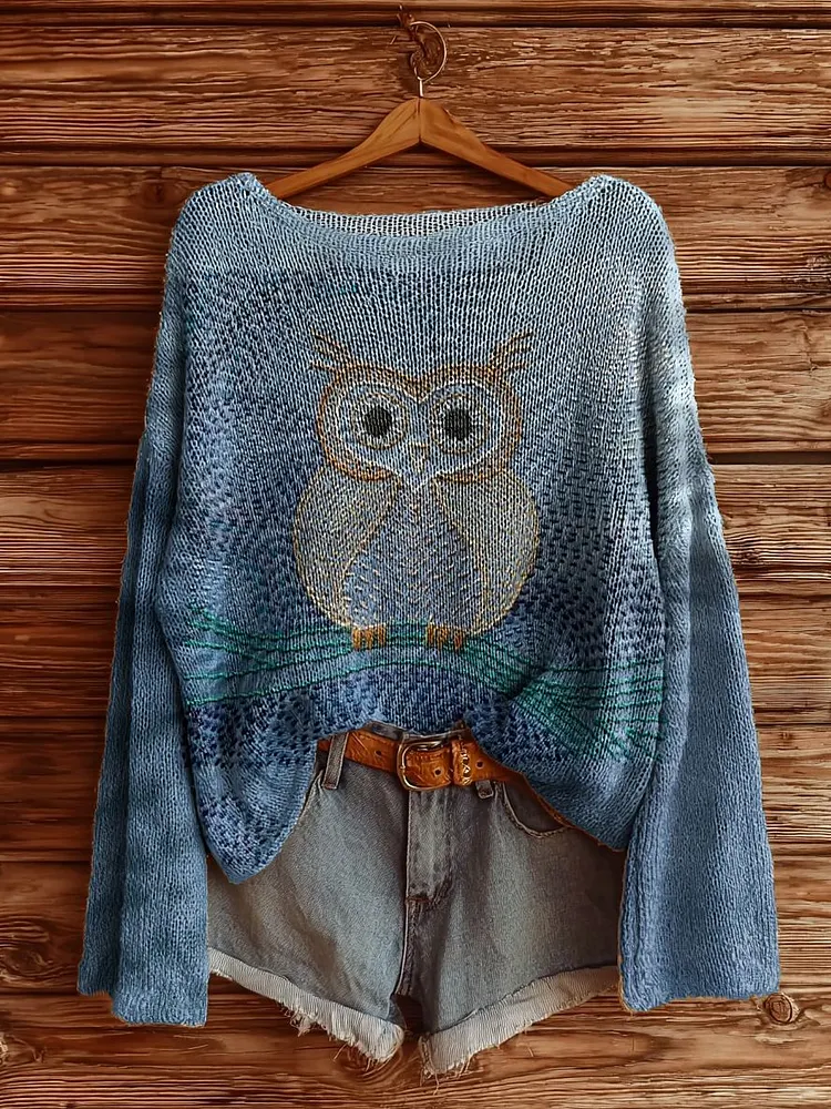 Women's Line Owl Pattern Art Print Casual Pullover Sweater