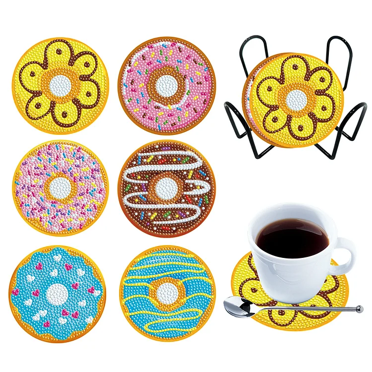 Wooden Diamond Crafts Coasters Bee Gnome with Holder Doughnut 6/8PCS Sweet Fruit
