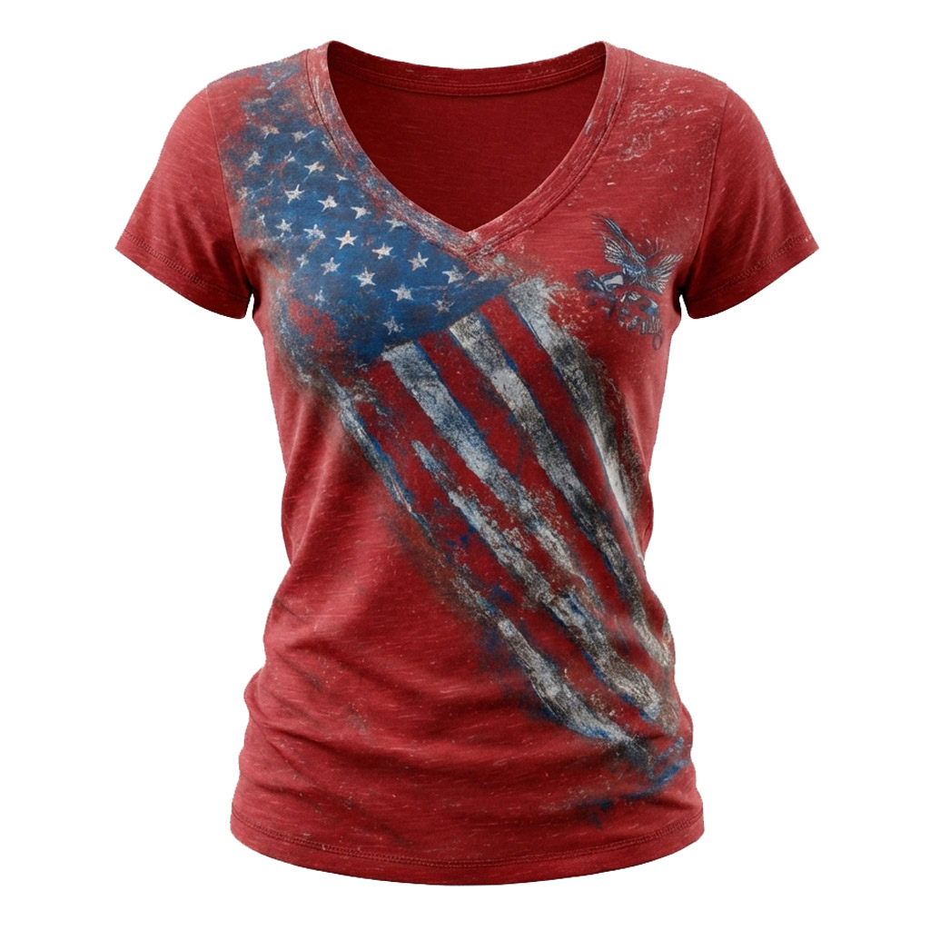 Women's Vintage American Flag 250th Anniversary Print Casual V-neck Short Sleeve Red T-Shirt - Helixace