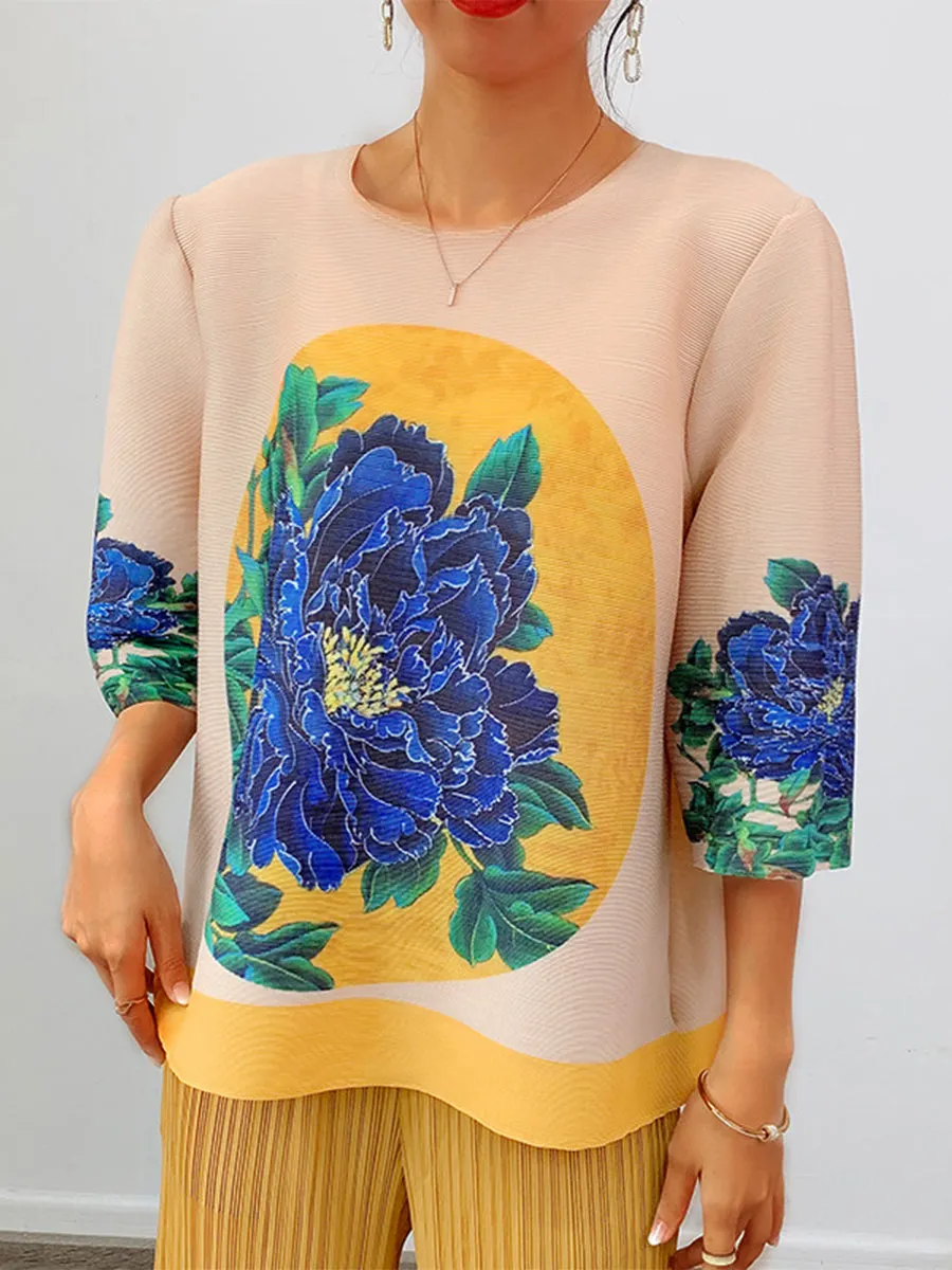 Pleated Printed Round Neck Half Sleeve T-Shirt