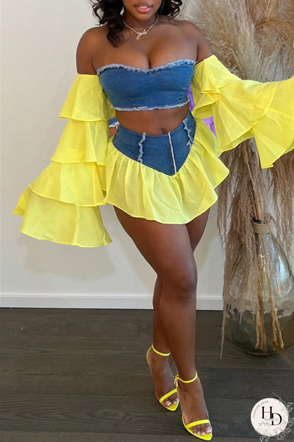 Yellow Fashion Sexy Patchwork Backless Off the Shoulder Long Sleeve Two Pieces