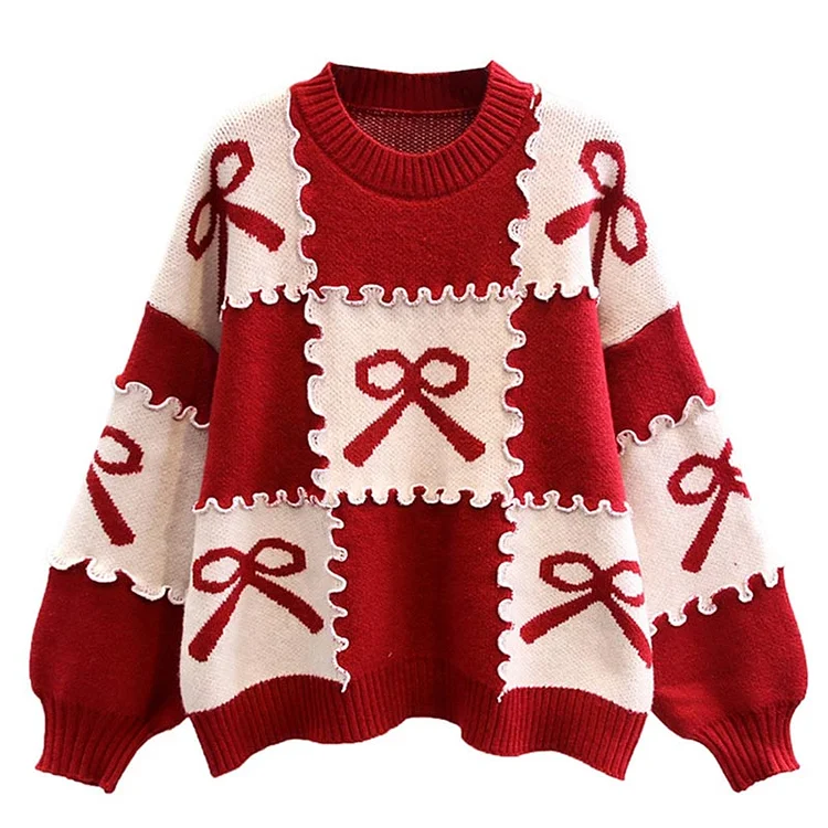 Bow Knot Pattern Lattice Print Sweater - Modakawa modakawa