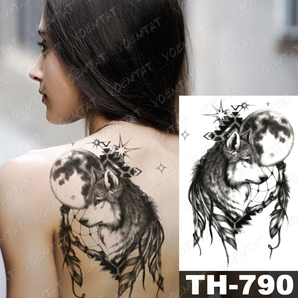 Sdrawing Temporary Tattoo Stickers Wolf Tiger Leopard Lion Moon Feather Star Flash Tattoos Female Back Body Art Fake Tatoo