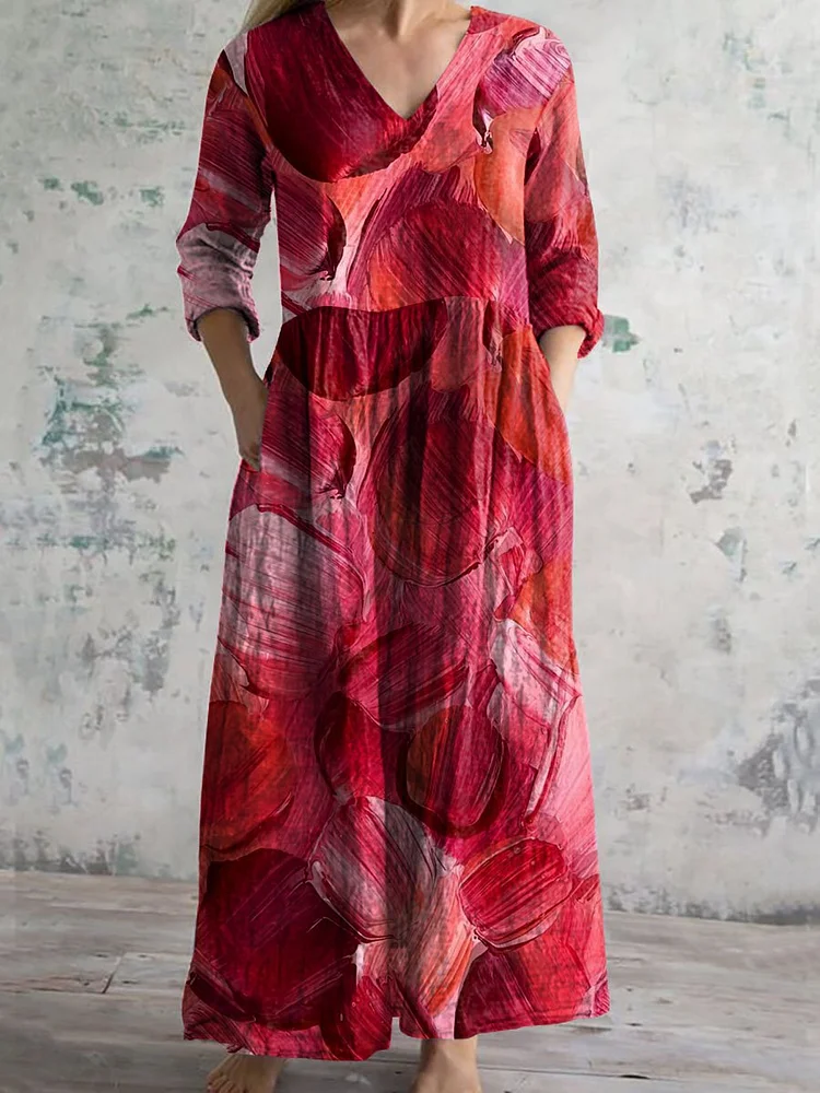 Women's V Neck Pockets Oil Painting Fluid Art Pattern Dress