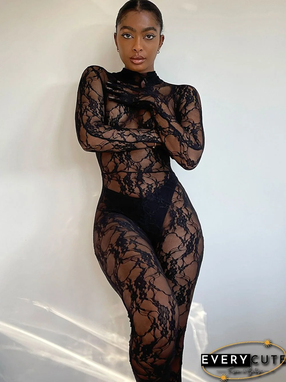 Dulzura Long Sleeve With Gloves Lace Mesh Jumpsuit Bodycon Sexy See Through Party Club Rompers Rave Festival Outfits Y2K