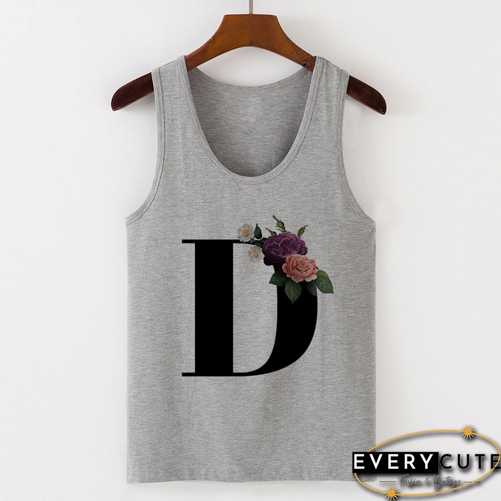 Summer Alphabet Print Camisole Sexy Tank Tops Vest Women Tee Shirt Sleeveless Gray Female