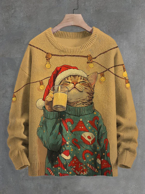 Men's Warm Christmas Eve Cat Drinks Warm Milk Print Knit Sweatshirt