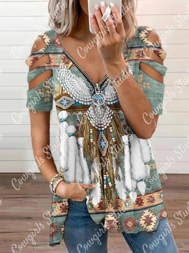 New Zipper V-neck Western Ethnic Style Retro Eagle Digital Print Ladies Casual Top