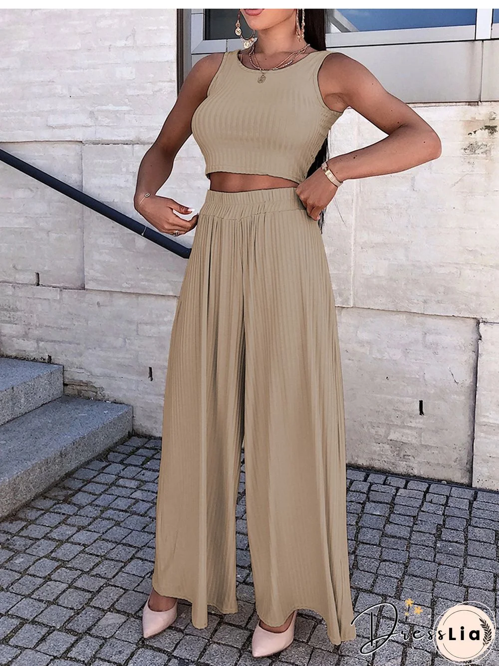 Casual Two Piece Sets Women Summer Fashion Sexy Vest Set Elegant High Waist Wide Pants Set Female Solid New Femme