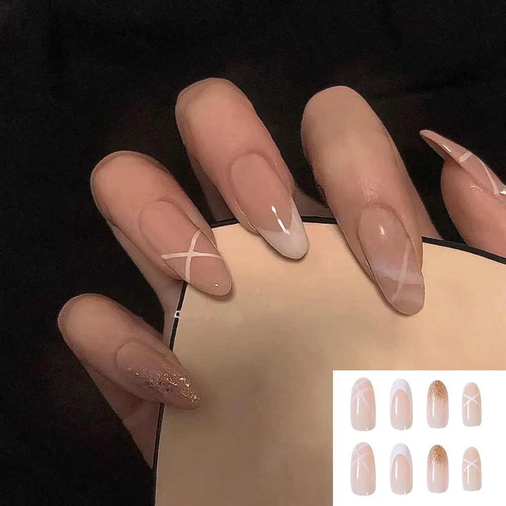 24pcs Detachable False Nails French with Black Line Fake Nails Full Cover Nail Art Tips Press on Nails with Glue Manicure Tools 515-1-Nail Inspo