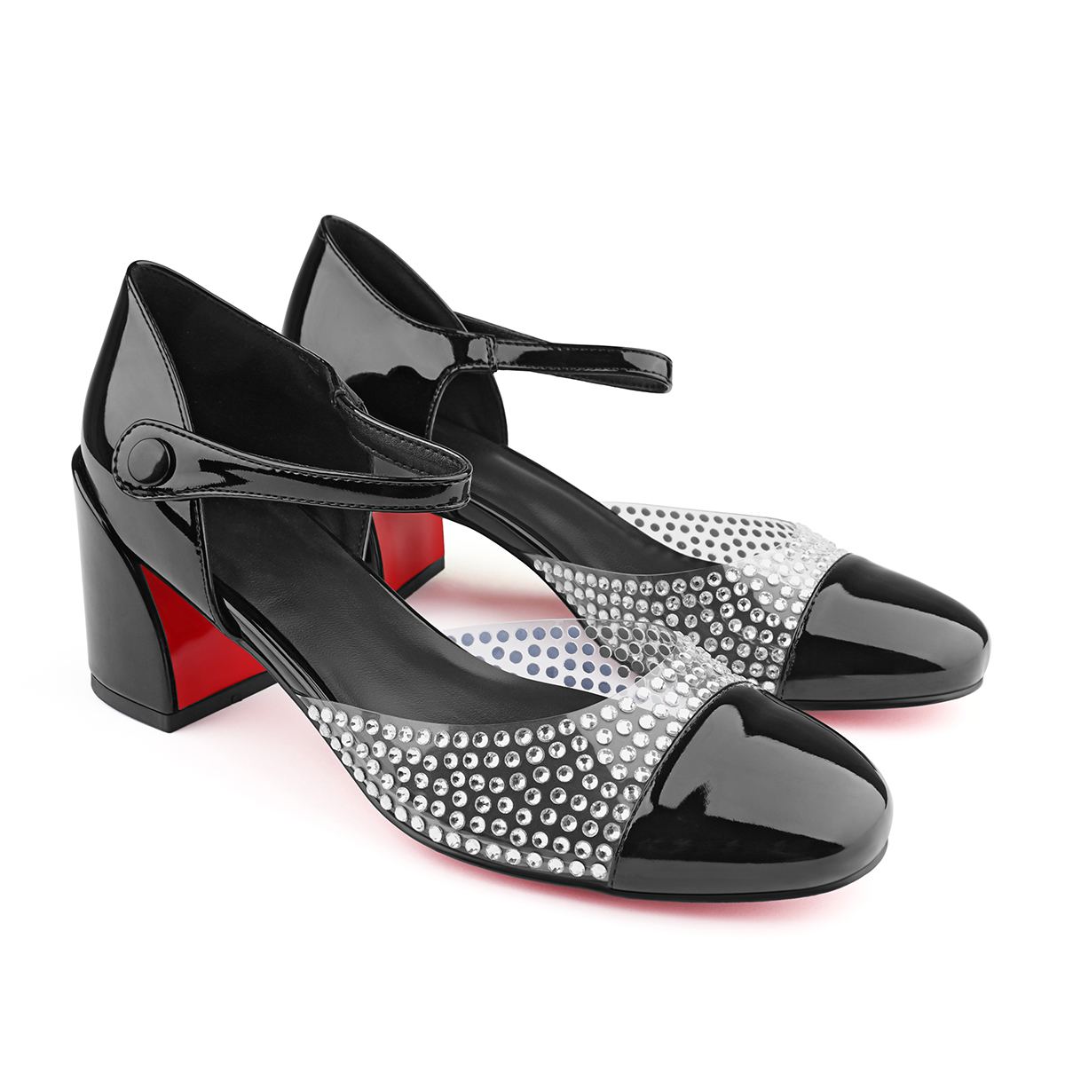 55mm Women's Round Toe Rhinestone Chunky High Heels Mary Jane Red Bottom Shoes-MERUMOTE