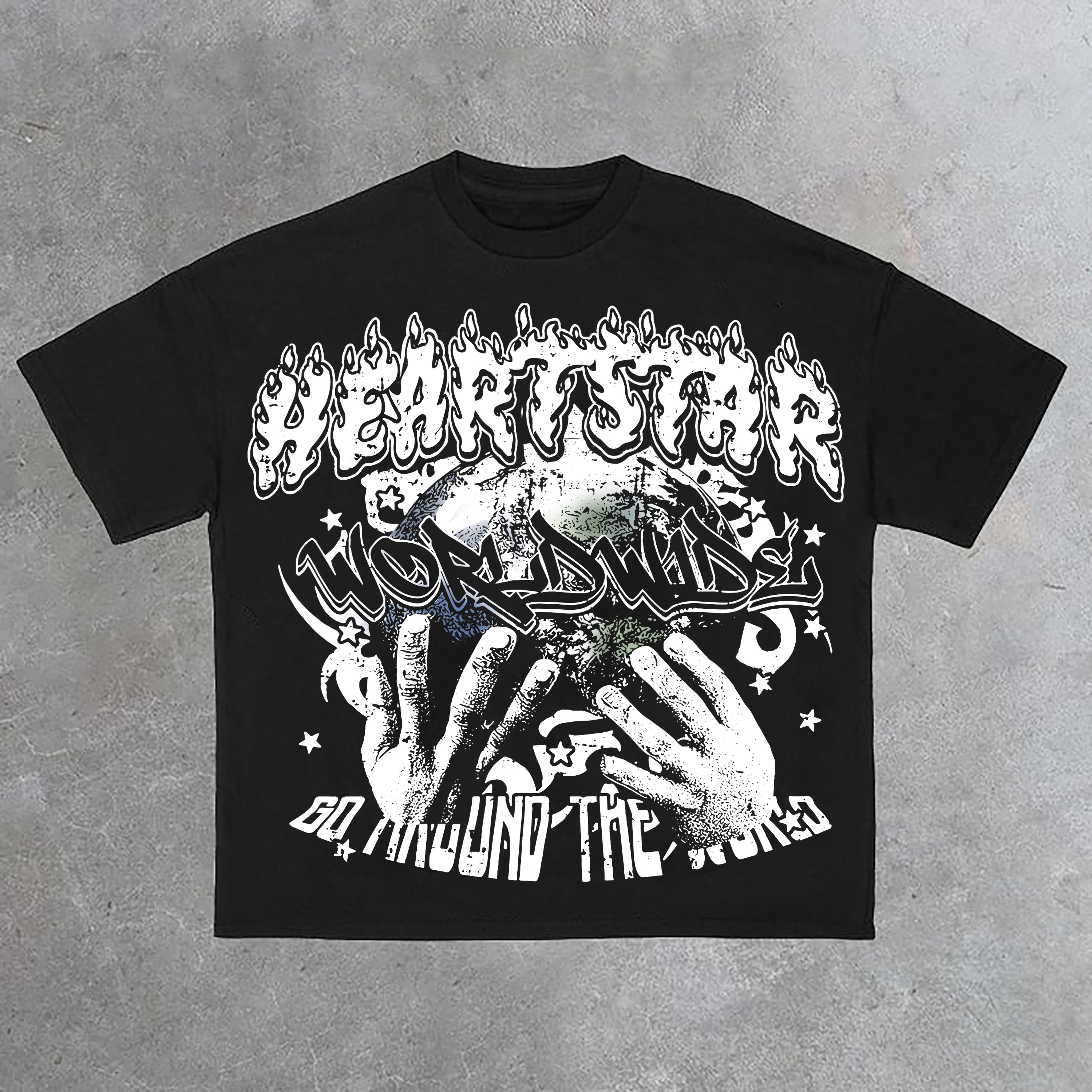 Vintage Heart Star Worldwide Print Graphic Cotton T-Shirt - SOPULA