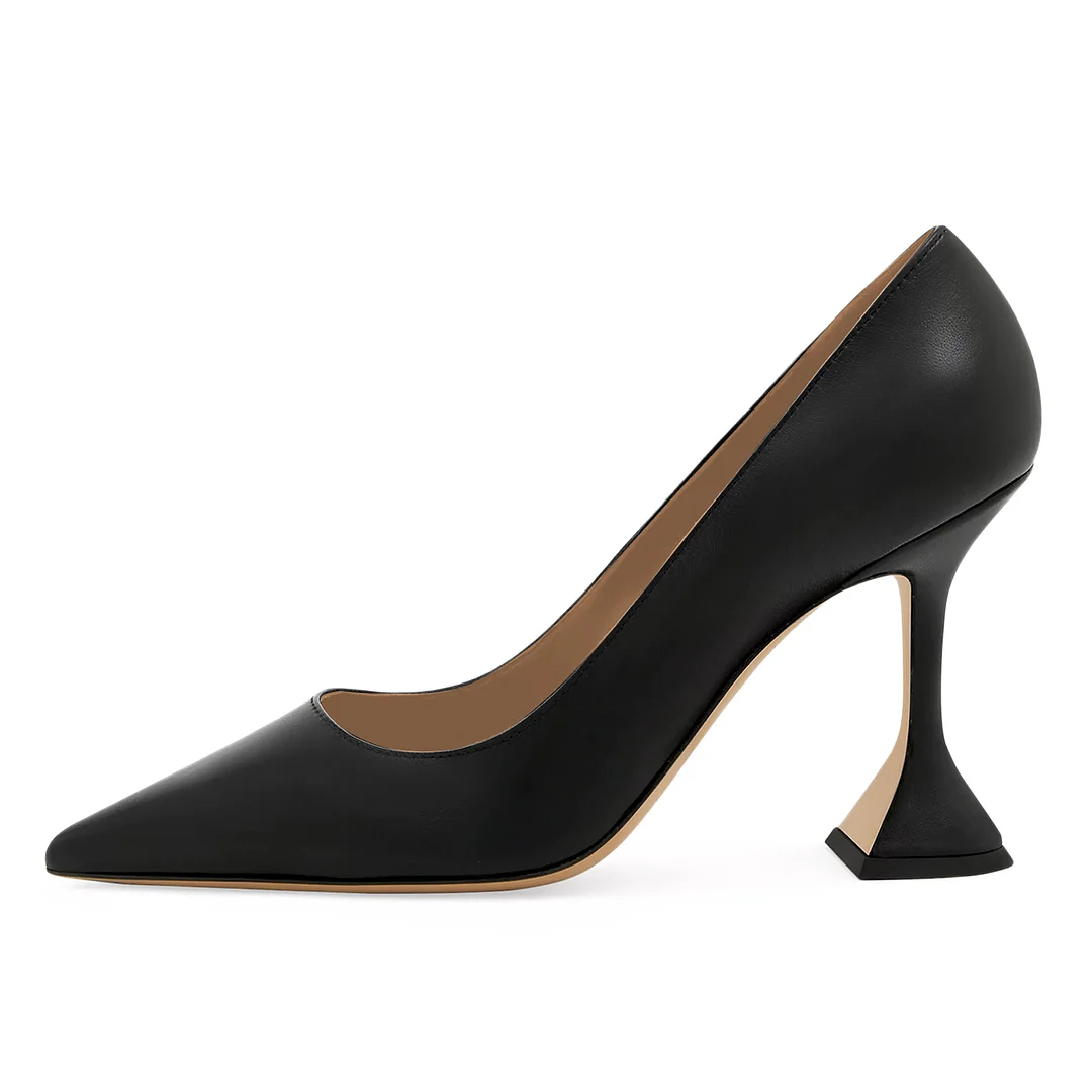 Black Vegan Leather Pointed Toe Flared Heel Pumps for Elegant Ladies