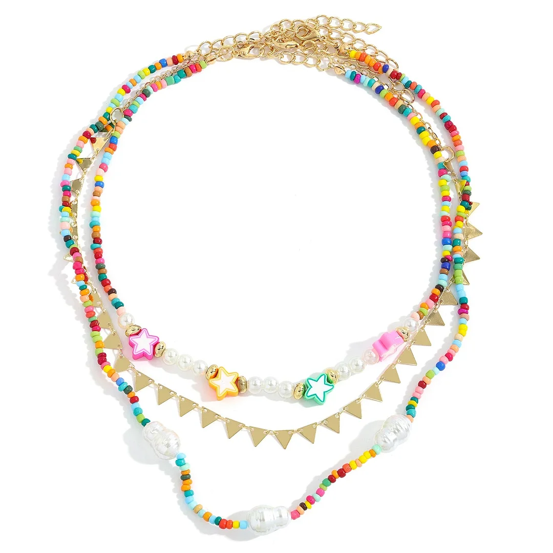 Dvacaman Boho Colorful 2pcs/set Beads Chain Necklace Trendy Ethnic Multi Layer Beaded Choker Necklace for Women Party Jewelry