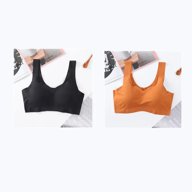 2PCS Ice Silk Bras Seamless Women Soft Thin Push Up Underwear Lingerie Sleep Vest Top Chest Padded Bralette топ Soutien Gorge