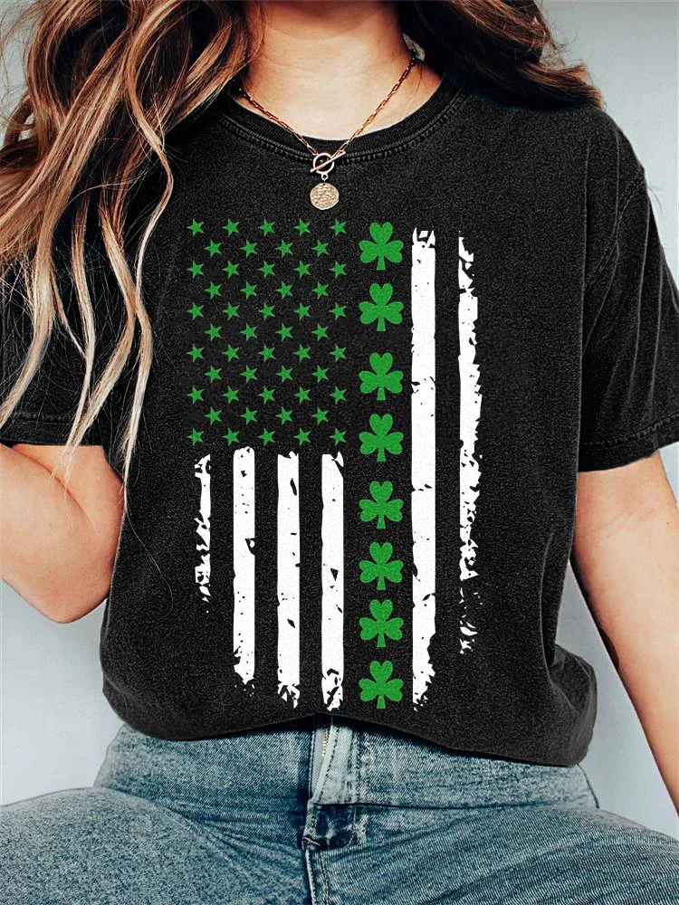 VChics St. Patrick's Day Shamrock Flag Print Casual Cozy T-Shirt