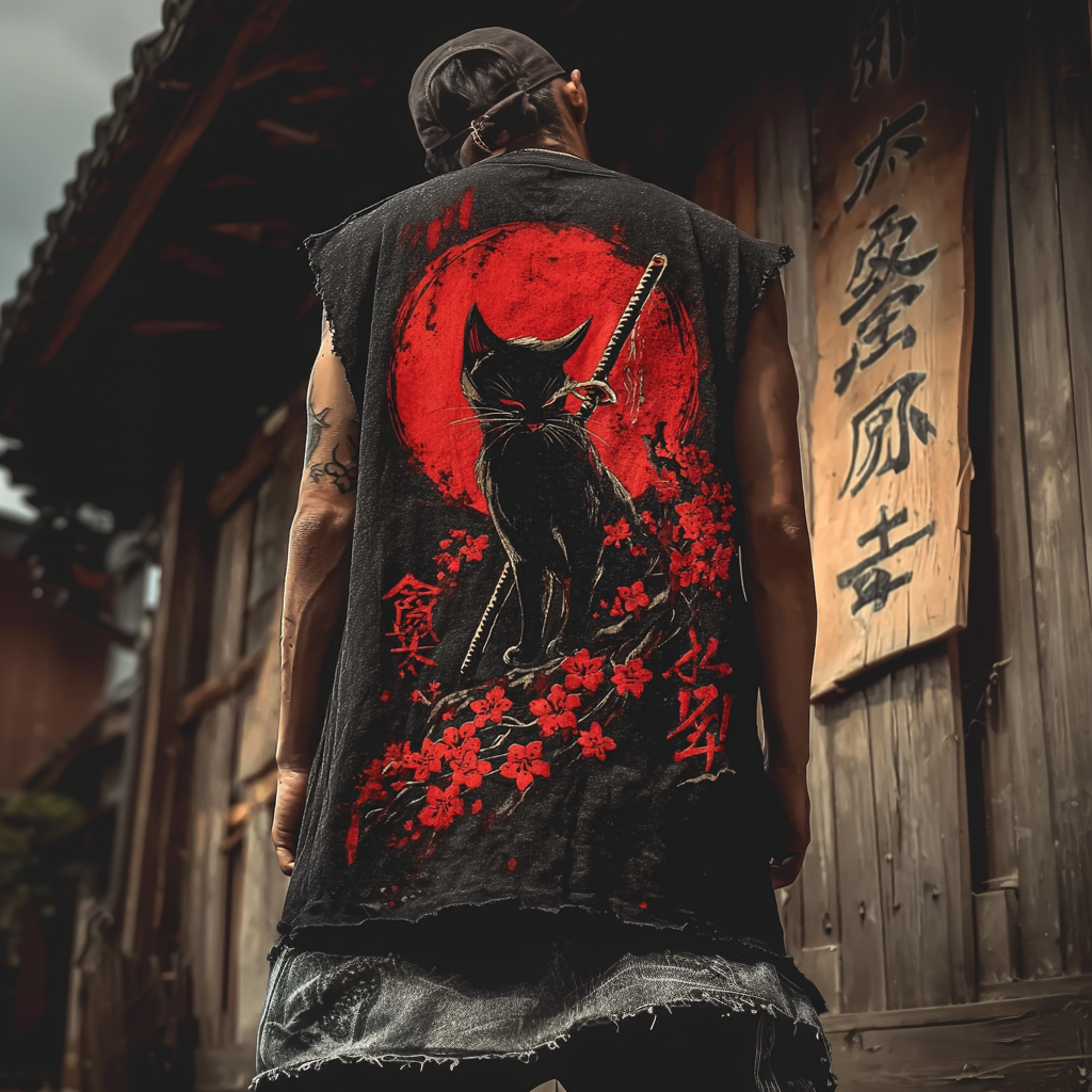 Japanese Art Violent Aesthetic Style Cat Samurai Pattern Retro Sleeveless Vest elevenforest