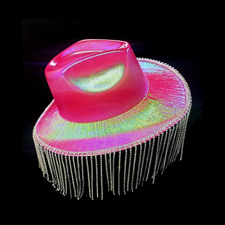Party Fluorescence Rhinestone Fringe Cowboy Hat-Hot Pink