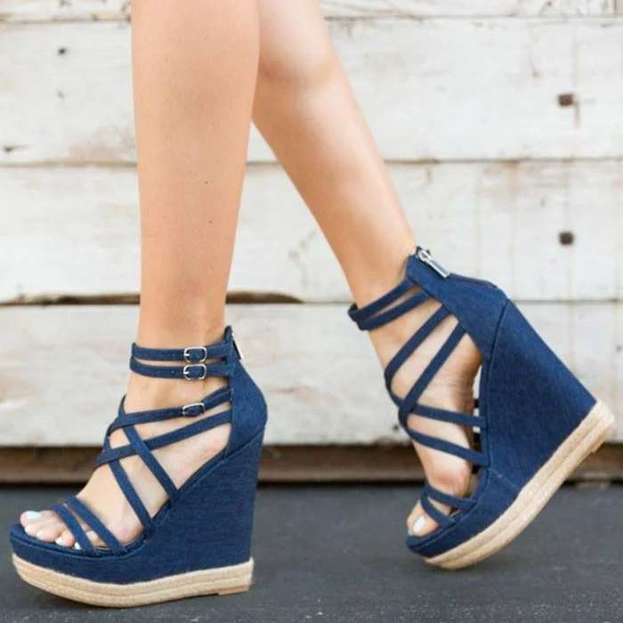 Navy Denim Strappy Heels Open Toe Wedge Platform Sandals |FSJ Shoes