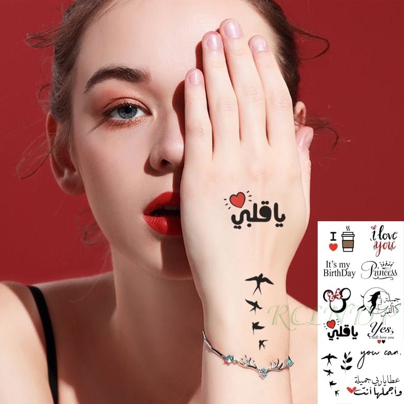 Waterproof Temporary Tattoo Sticker Cute Love Bird Leaf Crow Arabic Script Fake Tatto Flash Hand Arm Art Tatoo for Women Men