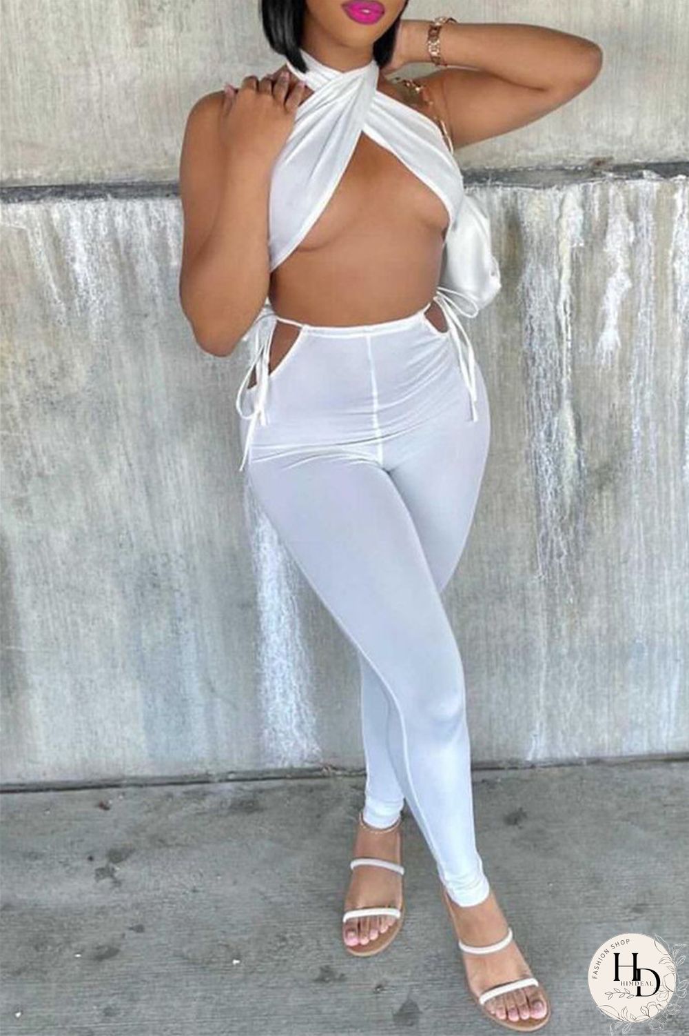 White Fashion Sexy Solid Backless Halter Sleeveless Two Pieces