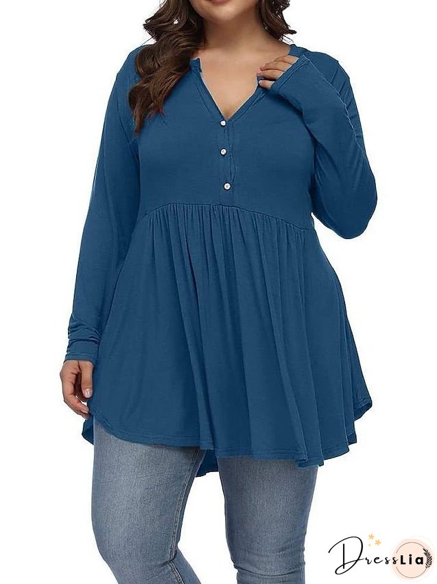 T shirt Tee Light Blue claret Deep Purple Plain Button Flowing tunic Long Sleeve Daily Weekend Basic V Neck Long Plus Size L for Women
