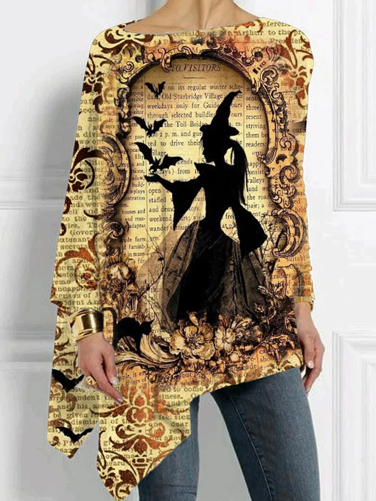 Wearshes Vintage Witch Silhouettes Art Bat Sleeve T Shirt