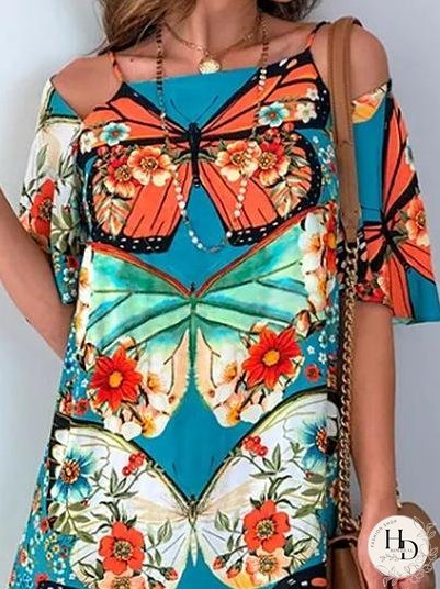 Butterfly Print Cutout Short Sleeve Dress for Women