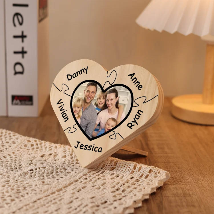 Personalisiertes 1 Foto & 5 Namen Holz Herzornament Puzzle Schreibtischdekoration Geschenk für Familie