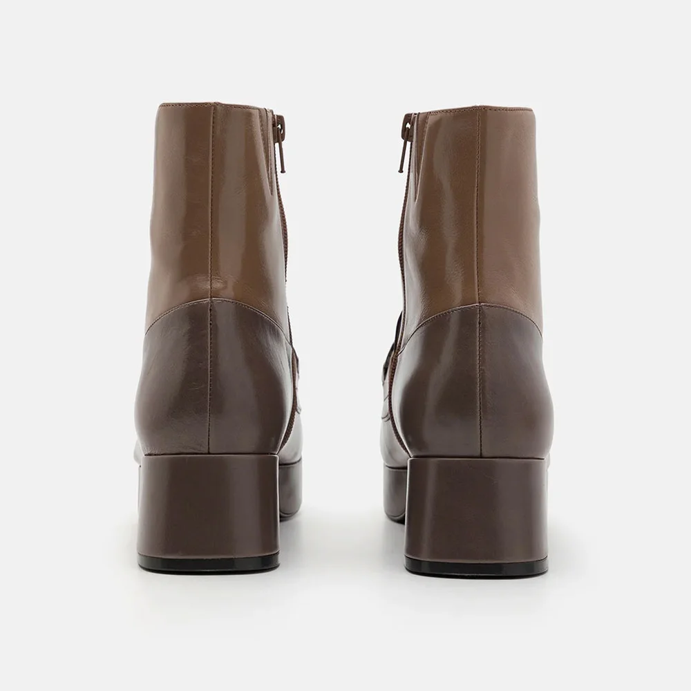 Brown & Maroon Round Toe Zipper Bit Buckle Platform Short Booties