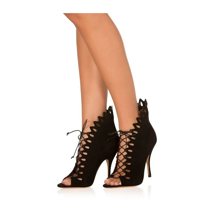 Black Peep Toe Booties Lace-Up Stiletto Heel Hollow Out Summer Boots |FSJ Shoes