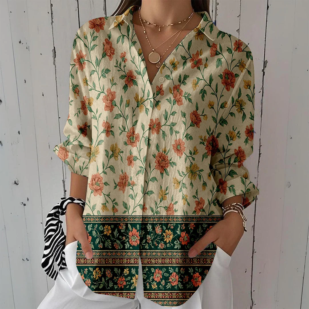 Style & Comfort for Mature Women Women Bohemian,Red,Green,Floral DZCL0283 3/4 Sleeve Shirt Collar Printed Button Tops