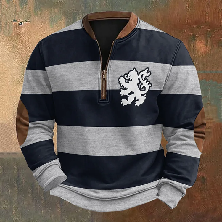 Utbros Striped Scottish Lion Print Zip Collar Sweatshirt