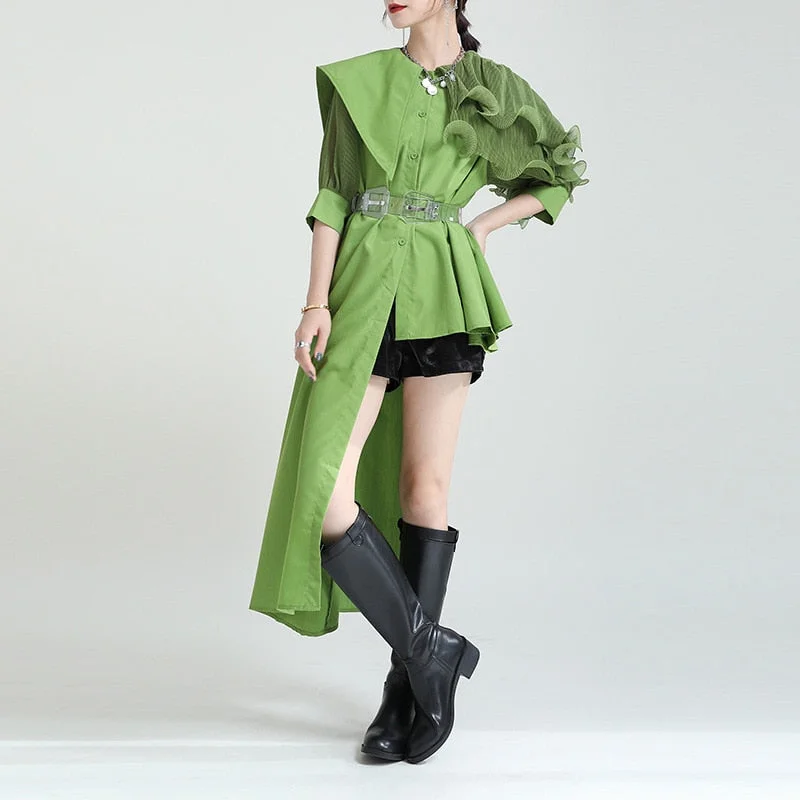 [EAM] Women Green Pleated Ruffles Big Size Long Blouse New Lapel Half Sleeve Loose Fit Shirt Fashion Spring Summer 2021 1DD8929