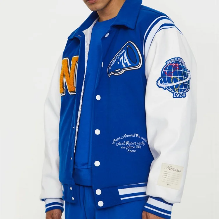 Blue Embroidery Casual Men's Baseball Varsity Jackets at Hiphopee