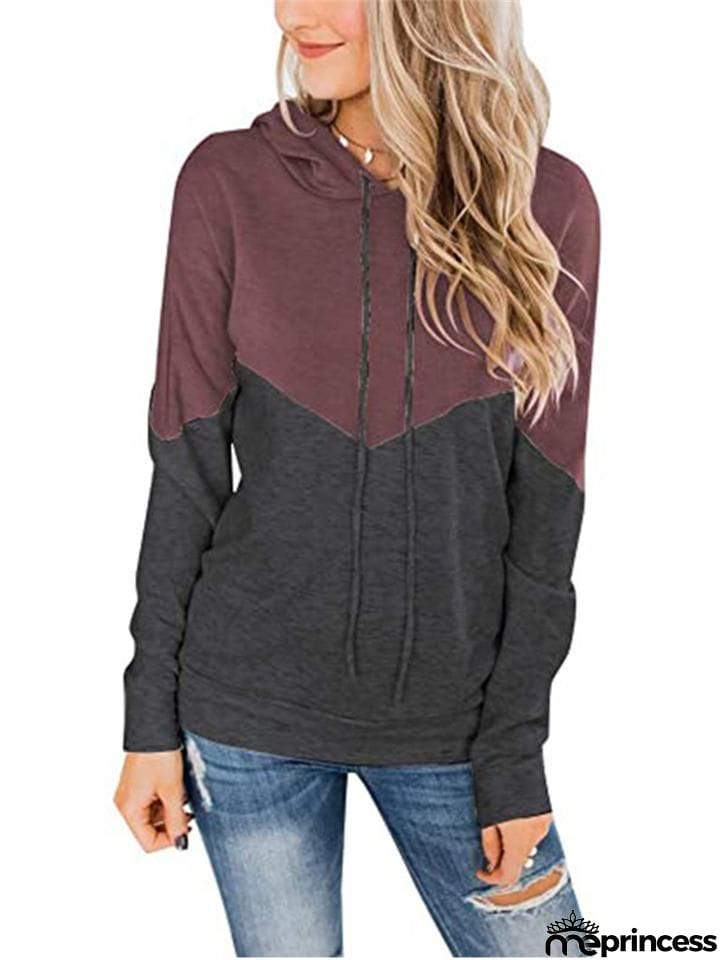 Women Color Block Drawstring Long&nbsp;Sleeve Pullover Hoodie