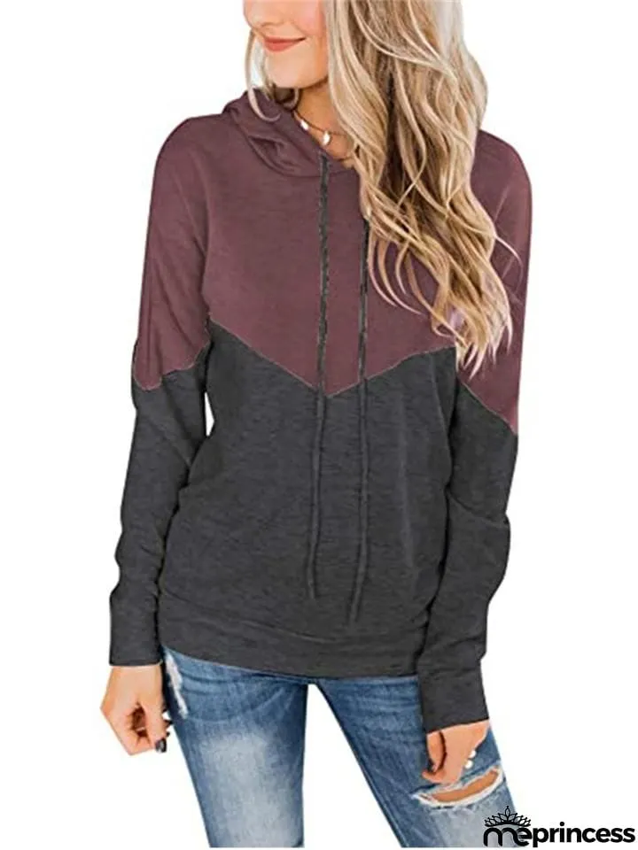 Women Color Block Drawstring Long&nbsp;Sleeve Pullover Hoodie