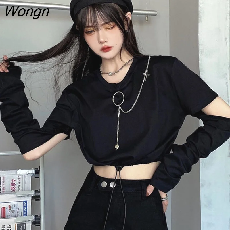 Wongn T-shirts Women Removable Sleeve Sequined Chain Japanese Style Harajuku Trendy Goth Y2k Female Crop Top Hot Sale Popular