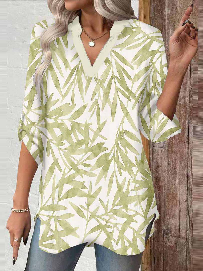 Women Leaves,Green DZGA0274 3/4 Sleeve V-neck Printed Graphic Button Tops