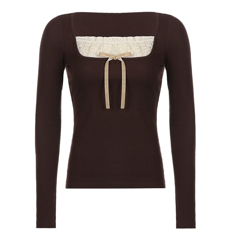 Rapcopter y2k Lace Bow Cute T Shirt Knitted Full Sleeve Square Collar Crop Top Cute Retro Brown Pullovers Women Korean Chic Tees