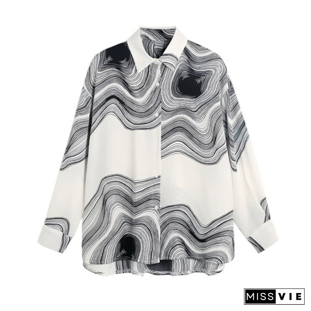 Colorblock Stripe Print Lapel Shirt Workwear