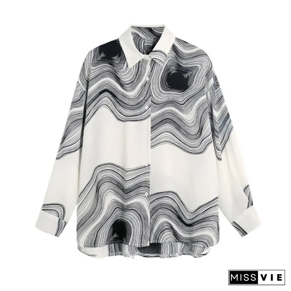 Colorblock Stripe Print Lapel Shirt Workwear