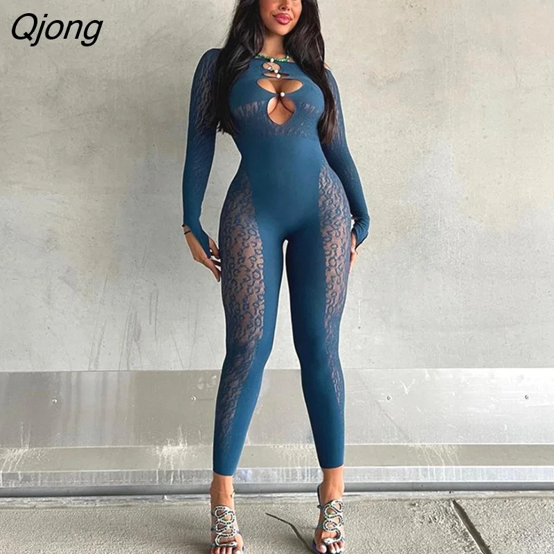 Qjong Simenual Sexy Mesh Jacquard Woman Jumpsuits Fashion Hollow Out Long Sleeve Skinny Solid Overalls Fall Streetwear Casual Outfits
