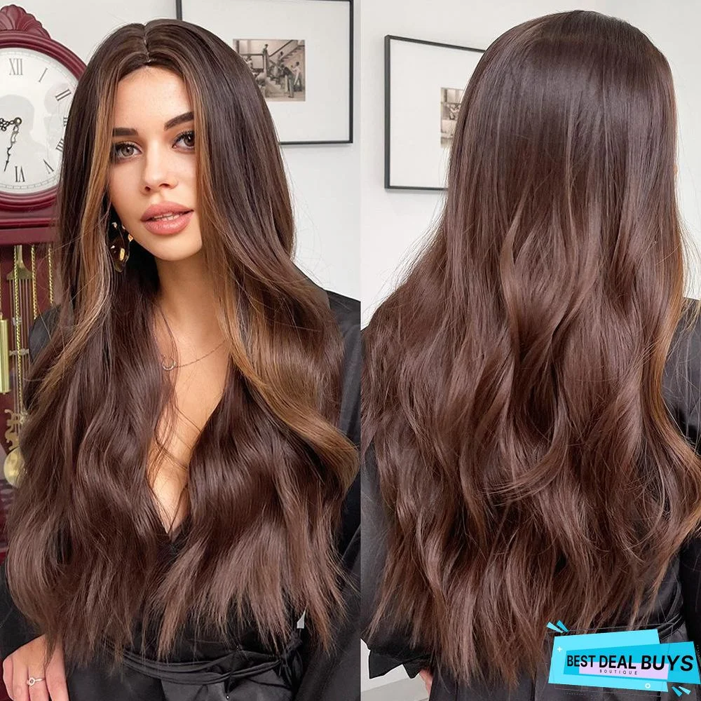 Long Wavy Synthetic Wigs Ombre Brown Middle Part For Women