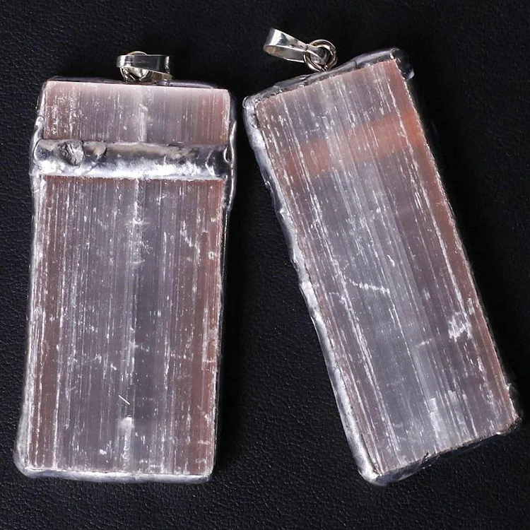 Wire Wrapped Pink Selenite Square Slice Crystal Pendant