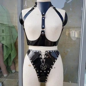 pornhint Pornhint Fetish Wear, PVC Open Bust Top With Choker, BDSM Top with Open Boobs Detail, Gothic Clothing, PVC Panties