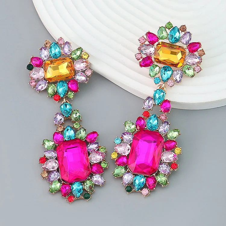 Fashion Geometric Glitter Flower Rhinestone Earrings-Magenta