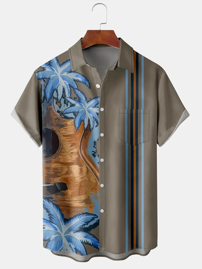 Men's Music Floral Print Moisture Wicking Fabric Hawaiian Lapel Short Sleeve Shirt