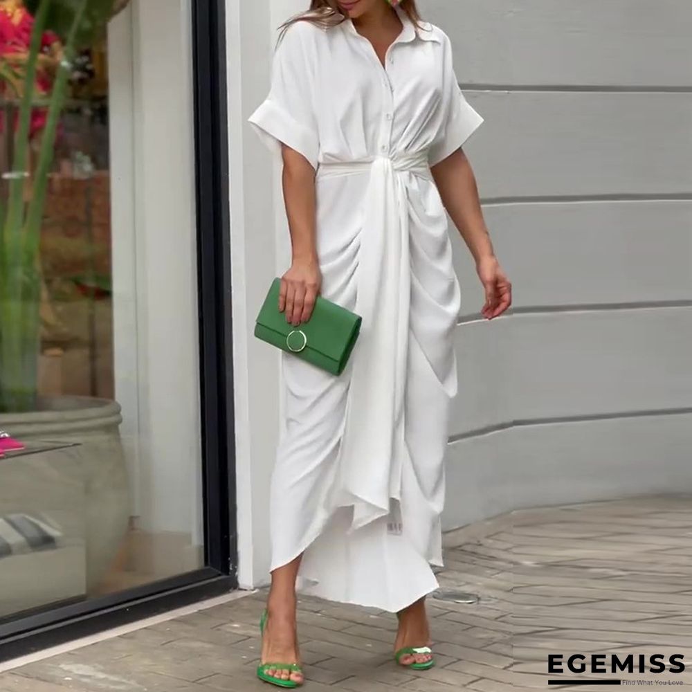 Lapel Mid Length Short Sleeve Single Breasted High Waist Shirt Dress | EGEMISS